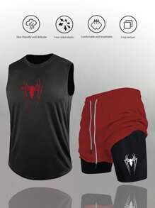 Manfinity Sport PWRUP Men's Spider Print Crew Neck Tank Top And Drawstring Waist Double Layer Shorts Sports Suit Workout Clothes Running Sets