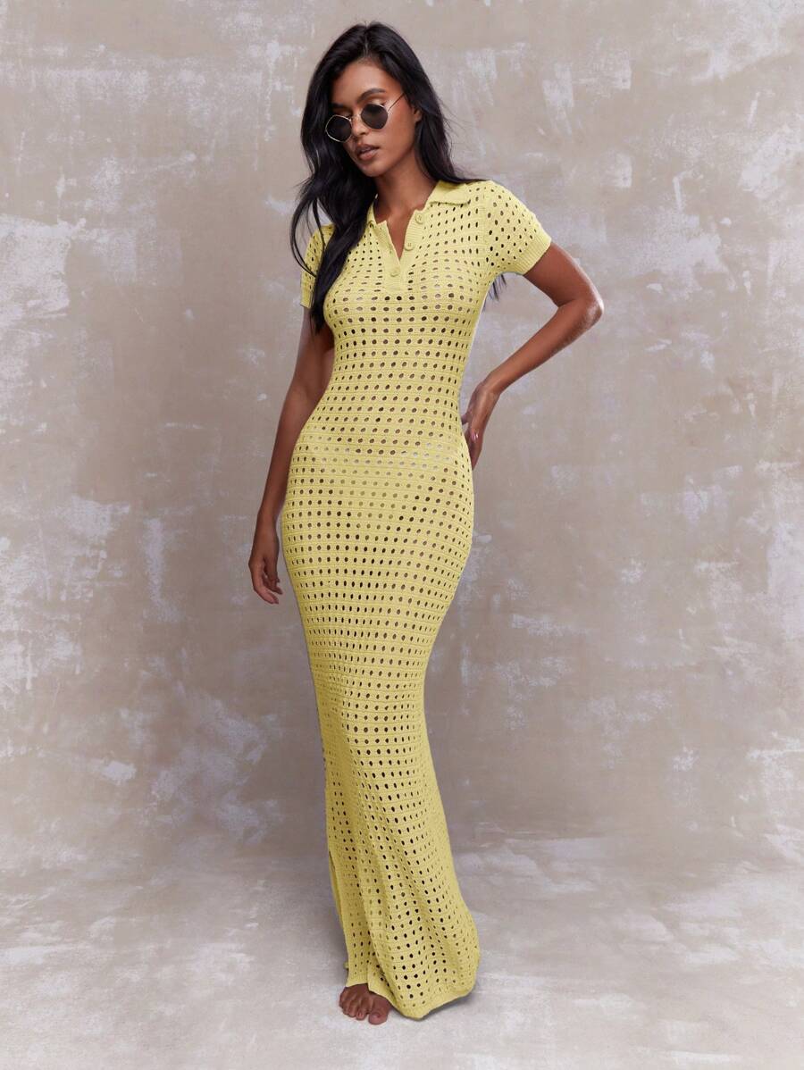 MISSGUIDED 钩针编织 Polo 长裙 复古 Y2K 风格长款沙滩装 夏季春季紧身复古度假装 蜂窝图案婚礼宾客圆柱连衣裙 - 黃色 - 查看 1