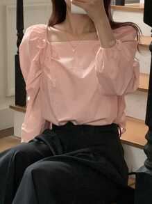 DAZY Blusa ajustada con cuello cuadrado y lazo delantero, top rosa para primavera/verano, con volantes, ropa de otoño