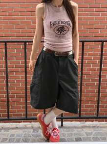 SHEIN x PRISCILA & JIMENA DAZY 女士实用口袋宽松低腰休闲百慕大短裤夏季 - 黑色 - 查看 2