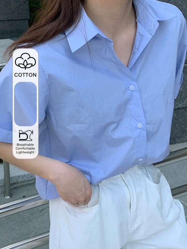 DAZY Women Casual Basic Polo Collar Short Sleeve Shirt