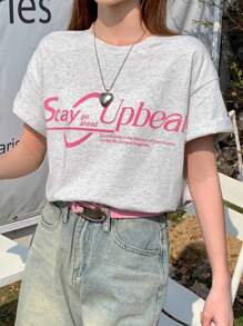 DAZY Women's Casual Slogan Print Short Sleeve T-Shirt, Summer Cute Tops