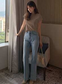 DAZY 1pc Women's Plain Crew Neck Short Sleeve Basic White T-Shirt, Spring/Summer,Business Casual Women - Coffee Brown - View 5