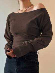 DAZY 1 件女式纯色露肩紧身短款 T 恤，棕色，春/夏/秋季长袖女式上衣 - 棕色 - 查看 6