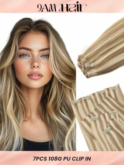Seamless Clip Ins 7 件无缝 PU 夹式真人发片 100% 真人发 14-22 英寸渐变色金色皮肤纬纱雷米接发 110G 带夹子