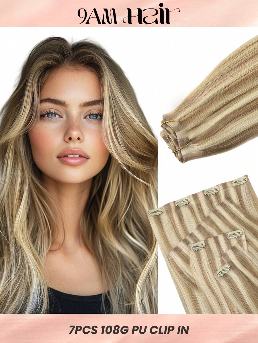 Seamless Clip Ins 7PCS PU liền mạch kẹp trong tóc người 100% tóc thật của con người 14-22 inch Balayage Ombre màu vàng da dệt Remy tóc nối 110G có kẹp - S16/22A - Xem 1