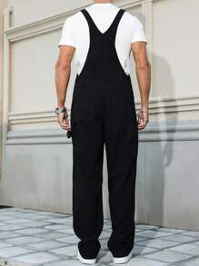 Manfinity Homme Men's Plus Size Black Denim Overalls: Sleeveless Strap Neckline Long Jumpsuit With Pockets - Black - View 2