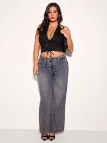 SHEIN BAE 大码女式优雅性感蕾丝拼布 V 领细肩带露背吊带背心，基本款弹力针织修身短款上衣，Y2K 风格，露背上衣，夏季上衣，大码上衣，Y2k 上衣，可爱夏季上衣，露背上衣，性感上衣，沙滩上衣，曲线加大上衣，V 领上衣，乐队 T 恤，女式街头服饰，黑色紧身胸衣，沙滩女装，毕业 - 黑色 - 查看 4