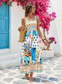 Vivid Eden Women's Boho Midi Dress: Sleeveless Spaghetti Strap Woven Fabric Dress With Ruffle Hem And Multicolor Print,Vacation Style - Multicolor - View 4