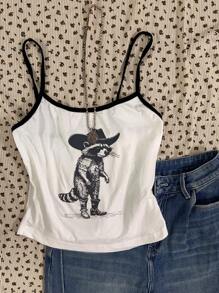 Attitoon Women Casual Sexy Racerback Slim Fit Black & White Contrast Camisole, Suitable For Summer, Raccoon Print, Cowgirl