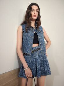 MOTF STUDIO FLORAL PATTERN RAW HEM DENIM VEST