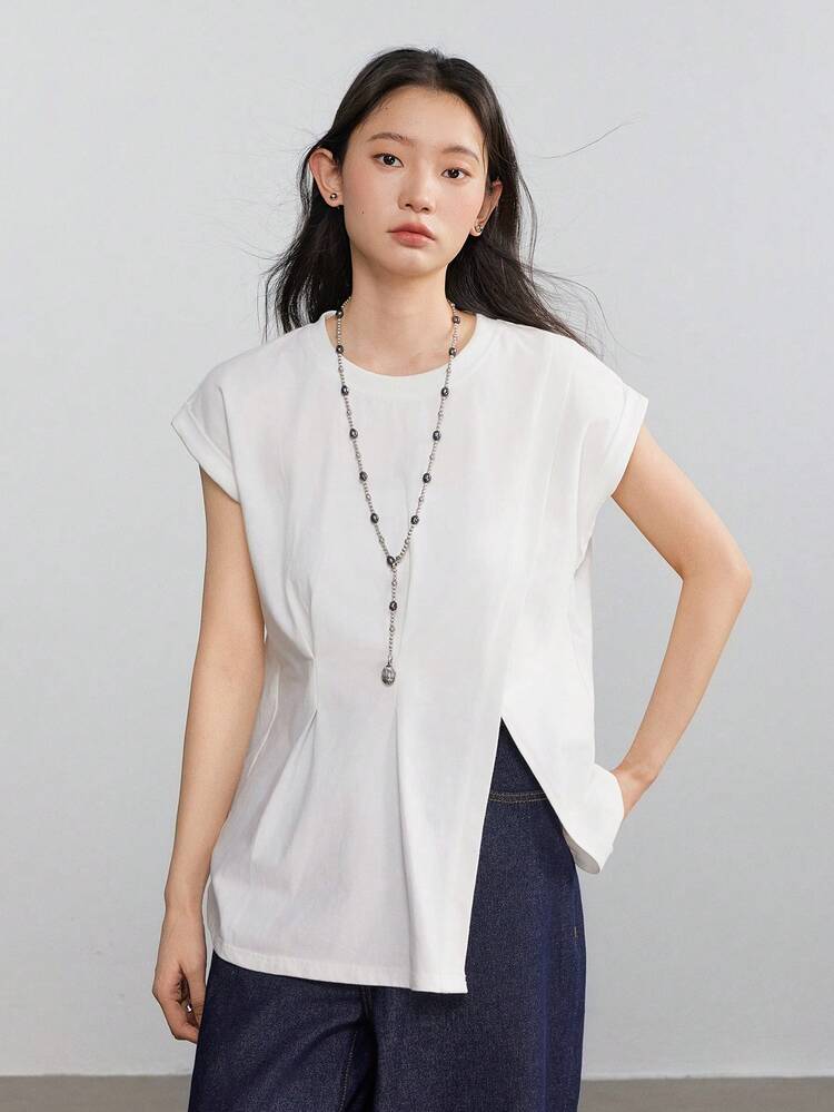 Women's Casual Design Sense Pleated Asymmetric Short Sleeve T-Shirt Summer, Teacher Business Casual Woman Work