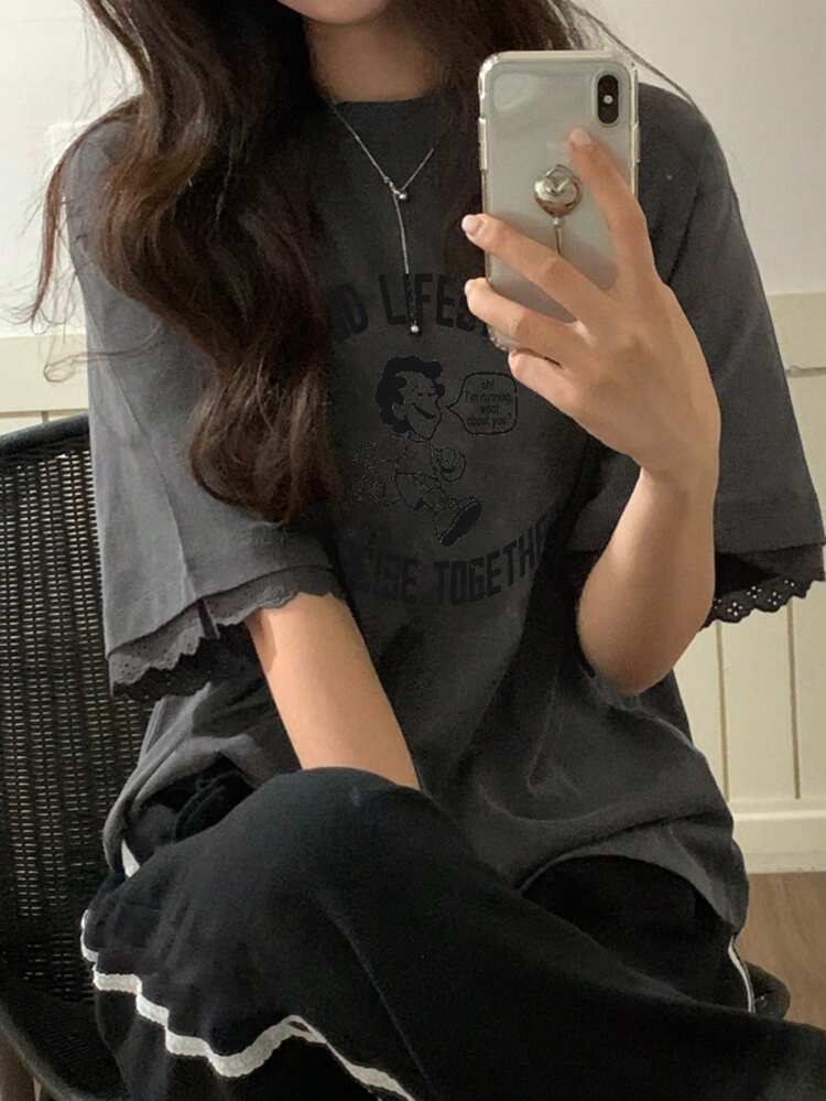 Women's Round Neck Graphic & Lace Cuff Splice Short Sleeve T-Shirt, Spring/Summer