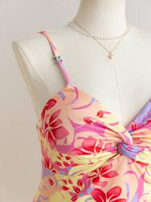 Soleia Plus Size Women Floral Print Halter Neck Ruffle Hem Fitted Vacation Dress, Back To School Clothes, Suitable For Fall - Multicolor - View 3