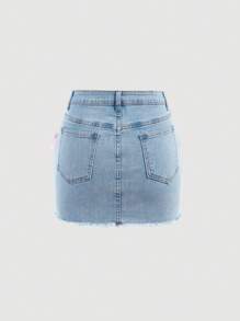 SHEIN 少女粉色蝴蝶结和蓝色牛仔弹力修身迷你裙 - 淺色水洗藍 - 查看 6