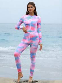 Swim Shayni Spring Break 3pcs Set Middle East Style Water Color Tie Dye Printing Long Sleeve & Pants Modest One Piece Swimsuit With Shawl Cover Up - Multicolor - View 4