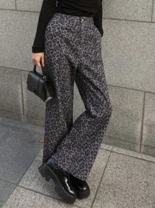 Women's Fashion Leopard Print Pocket Straight Leg Pants - Brown - View 5