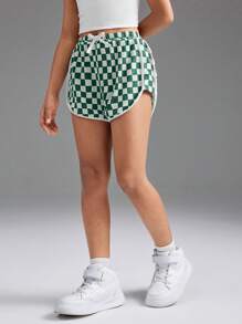 SHEIN Tween Girls Spring/Summer Checkerboard Elastic Waist Casual Shorts, Girls Athletic Shorts Young Girls Activewear - Green - View 4