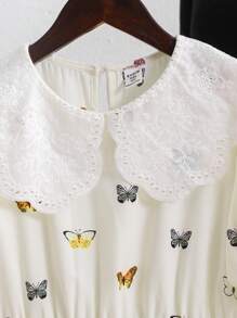Vestido de fiesta ajustado con cuello, manga abullonada y estampado de mariposa tejido informal y lindo para niñas preadolescentes - Beis - Ver 3