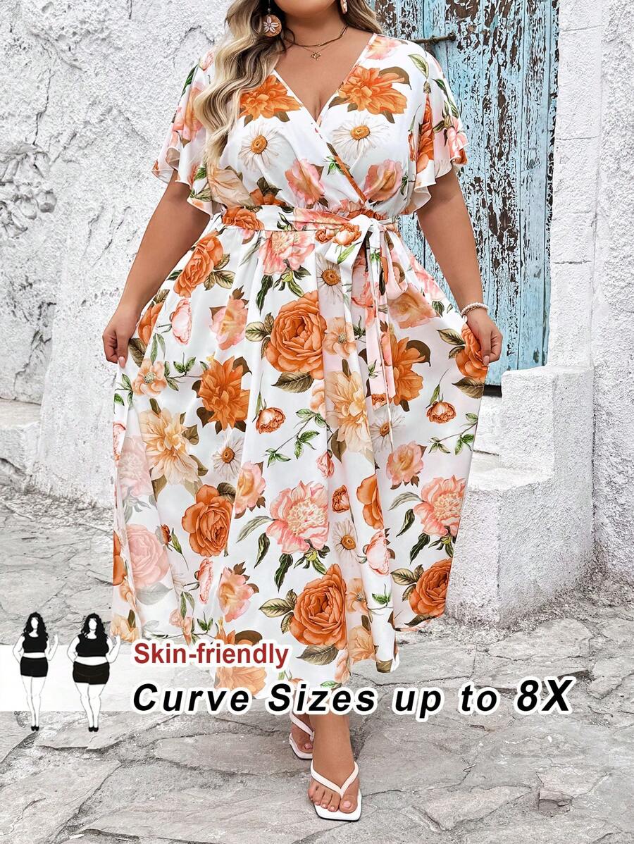 SHEIN CURVE+ Plus Size Summer Vacation V-Neck Loose Fitting Dress With Floral Print And Split Hem Detail, Women's, Valentine's Day Dress, Curve Plus, Boho Vacation Beach Outfits For Woman/Beach Dress/Beach Vacation Outfits/Beach Essentials / Graduation/Tea Party Dress