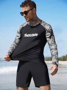 Manfinity Swimmode 2pcs Men's Letter Print Raglan Sleeve Swimwear Set - Long Sleeve Top And Shorts - Black - View 5