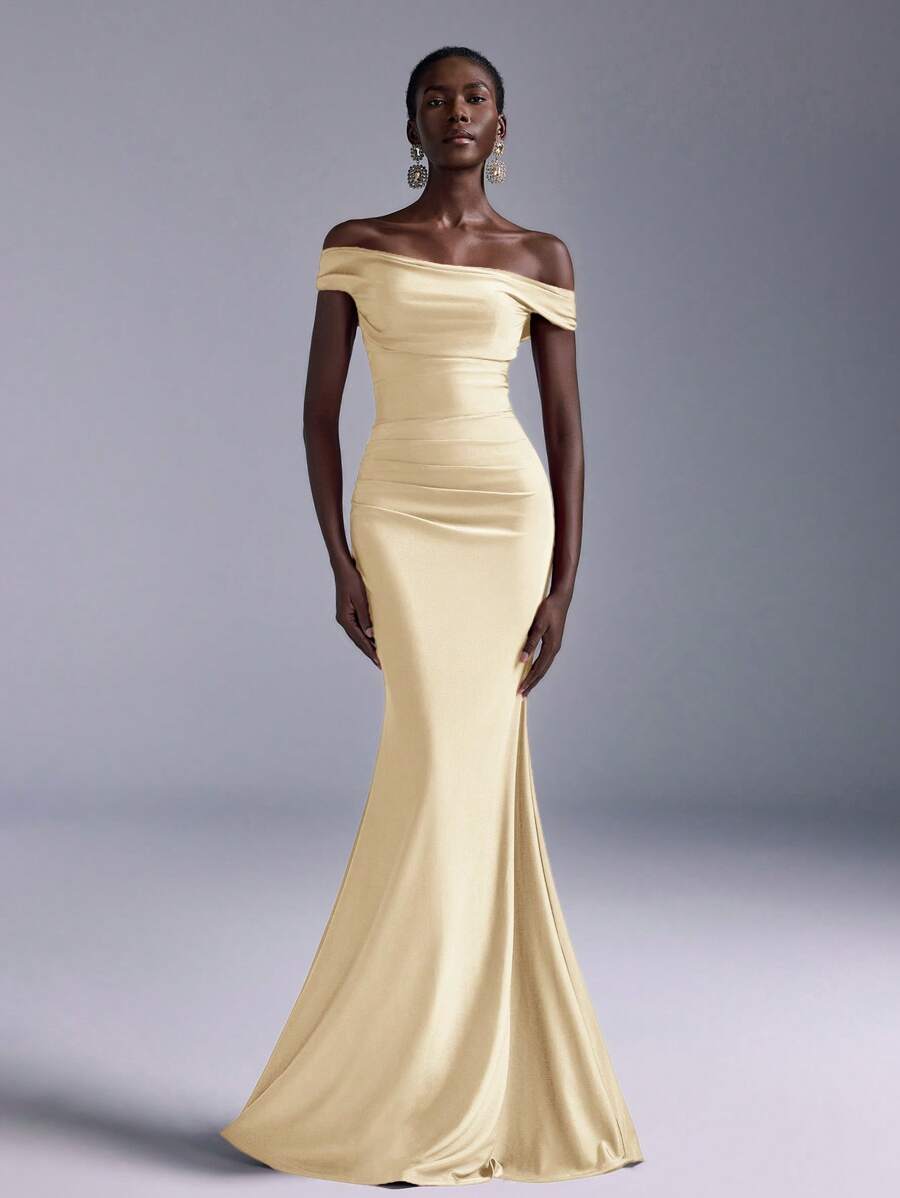 Elitara 优雅褶饰露肩美人鱼紧身连衣裙，适合婚礼、单身派对、度假、舞会、伴娘（成人）