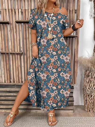SHEIN LUNE Plus Size Allover Small Floral Print One Shoulder Metal Buckle Dress, New 2025 Collection, Flattering For Curvy Women, Summer