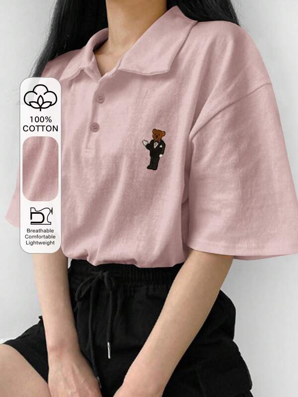 DAZY Summer Casual Loose Fit Bear Print Drop Shoulder Polo Neck T-Shirt