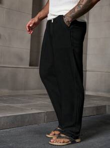 Manfinity RSRT Men's Elastic Waist Linen Black Pants, Fall - Black - View 5