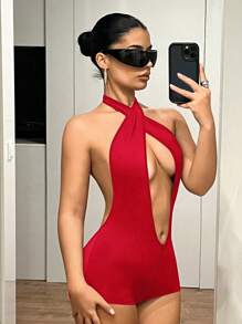 SHEIN ICON Cross Back Deep V-Neck Sexy Bodycon Jumpsuit - Red - View 7