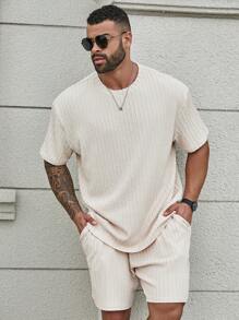 Manfinity Homme Plus Size Men's Solid Color Round Neck Short Sleeve T-Shirt And Shorts Casual 2 Pieces Set - Apricot - View 5