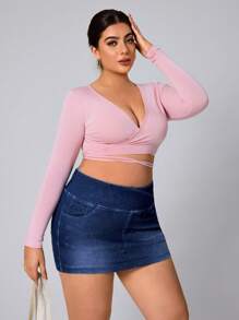 SHEIN Essnce Plus Size Denim Stretchy Knit Mini Skirt, Fashionable For Summer - Blue - View 5