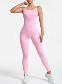 Slayform 女士纯色交叉后背镂空无袖紧身运动连体裤 - 粉色 - 查看 2