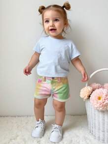 SHEIN Baby Girls Multicolor Denim Shorts With Pockets: Cute Tie-Dye Summer Shorts For Toddlers And Infants - Multicolor - View 2