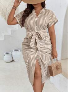 SHEIN Clasi Damen Große Größen gestreiftes Kleid mit V-Ausschnitt, gerafftem Raglanärmel und schmeichelhafter Passform - Braun - Übersicht 4