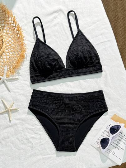 Teen Girls Fashionable And Simple Black Textured Bikini Swimsuit Set, Suitable For Vacation, Swimming, Beach In Summer