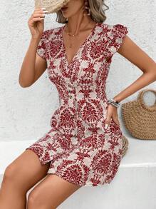 SHEIN Frenchy Vestido corto bohemio para mujer: Vestido mini rojo de escote en V tejido con mangas cortas y detalles de abotonadura - Rojo - Ver 6