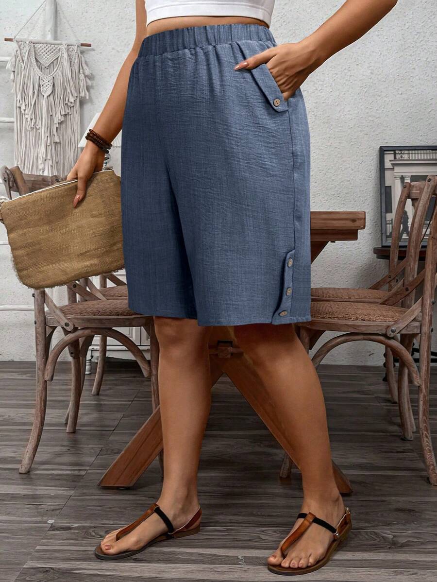 SHEIN LUNE Plus Size Women French Style Casual Vacation/Commute Solid Color Button Decor Pocket Shorts - Dusty Blue - View 1