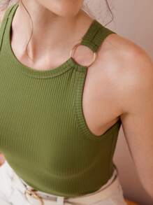 Uhlyne 女士优雅休闲复古针织纹理简约金属环扣性感露背吊带背心/吊带衫，适合春夏穿着。适合春季通勤、生日派对、度假和海滩穿着。橄榄绿 - 綠色 - 查看 7