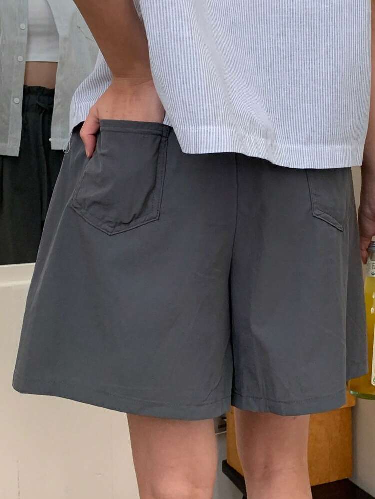 Women's Elastic Waist Drawstring Wide Leg Shorts, Solid Color, All Season Sweater Shorts