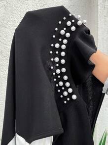 SHEIN LUNE SHEINLUNE Damen Große Größen Midi-Kleid im A-Linie Stil mit Farbblockmustern und Perlenbesatz, Sommeroutfit für Frauen, süße Sommerkleider für Frauen, Abschlusskleid, Brunch-Outfit für Frauen, Kreuzfahrt-Outfit für Frauen, Fairycore elegante Outfits für Frauen - Schwarz - Übersicht 8