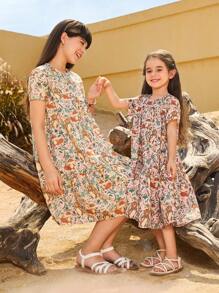 SHEIN DRMZ Tween Girl 宽松休闲圆领短袖荷叶边下摆中长连衣裙 - 彩色 - 查看 3