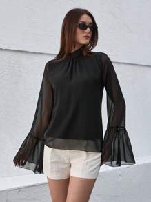 CLARA VERO Bell Sleeve Chiffon Blouse - Black - View 4