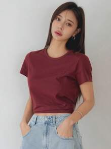 DAZY 休闲风格纯色心形刺绣短袖T恤女夏季，商务休闲女装