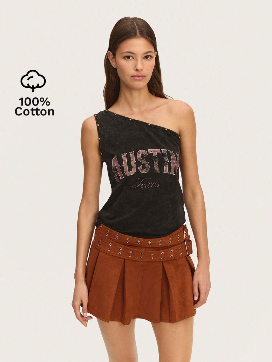 Nöista توب بطبعة حرفية على الرقبة غير متماثلة مزين بالدبابيس، عطلة الربيع - الأسود - مشاهدة 1