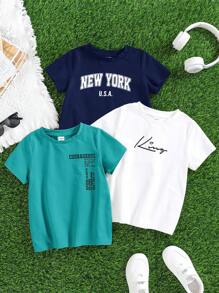 3pcs/Set Kids Boys Casual Letter Print Graphic Crew Neck Pullover T-Shirts Multi-Pack, Suitable For School And Outdoor Wear, Spring/Summer