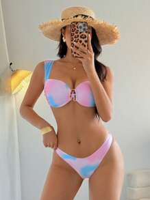 Selianne Summer New Women's 2pcs Beach Set, Gradient Random Starfish Print Wide Strap Bikini Set - Multicolor - View 1