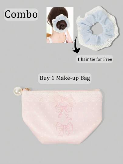 Kawaii 2 pièces/set Petite bourse à pièces mignonne avec décor de dentelle, pois et nœud, sac de maquillage avec élastique à cheveux