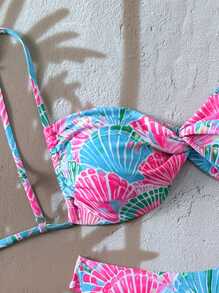 Swim Vcay 2pcs/Set New Ditsy Floral Twisted Strap Backless Top And High Cut Thong Bikini Swimsuit, Women Beach Holiday For Summer Beach Vacation