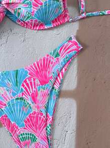 Swim Vcay 2pcs/Set New Ditsy Floral Twisted Strap Backless Top And High Cut Thong Bikini Swimsuit, Women Beach Holiday For Summer Beach Vacation